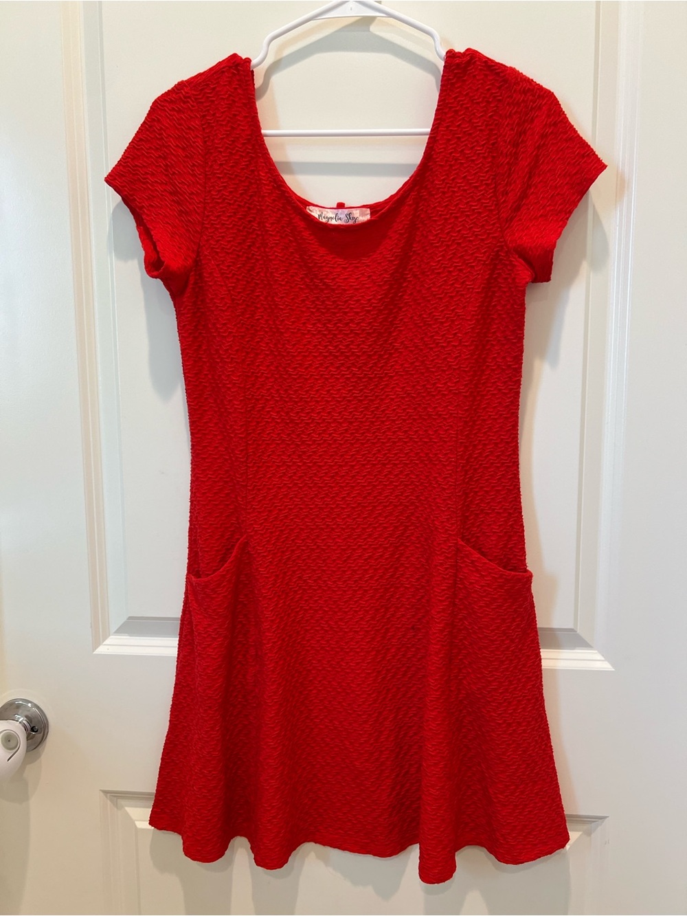 Red Textured Fit & Flare Dress with Pockets